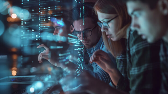 A team of developers collaborating on code for a new software application, working towards a common goal. Diligence and work, team and trust, profit