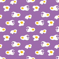 Seamless pattern with tasty fried egg on purple background. Vector image.