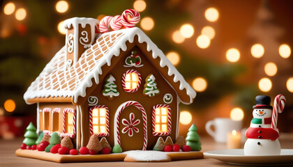 A gingerbread house surrounded by holiday decorations on a rustic Christmas table