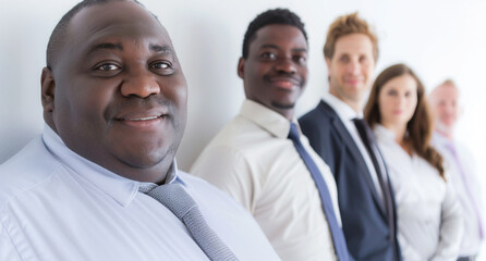 Obraz premium Beautiful work diversity with business team from different cultures in front a white background.