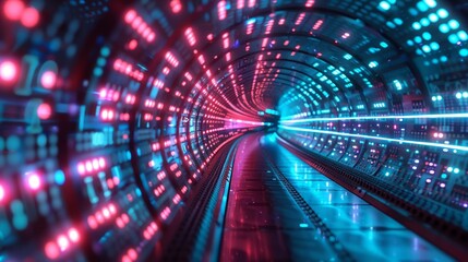 Virtual reality tunnel glowing with neon circuitry and binary streams, representing a journey through a supercomputer's core.