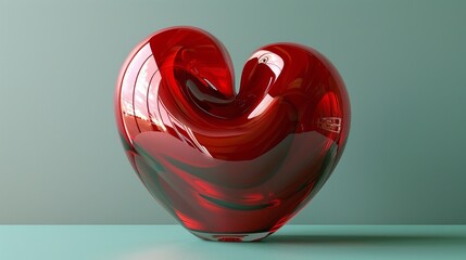 Glossy crimson heart sculpture twists elegantly against a mint green backdrop casting subtle shadows that speak to contemporary love expressions.