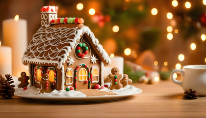 A gingerbread house surrounded by pinecones, ornaments, and a lit candle on a wooden table 