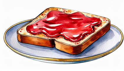 Watercolor painting of toast bread with sweet jam. Tasty food. Delicious snack. Hand drawn art