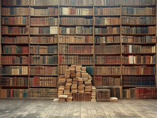 A large library with many books stacked on top of each other. The books are of different sizes and colors, and they are piled up in a corner of the room. The scene gives off a feeling of knowledge