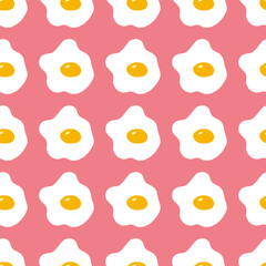 Seamless pattern with tasty fried egg on pink background. Vector image.