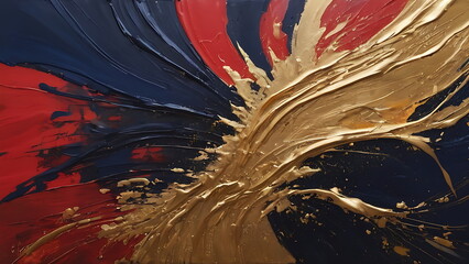 Abstract splash Oil Painting, Red Navy Gold Color Palette Knife Technique