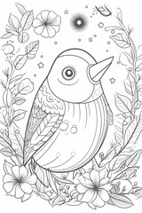Hand drawn sketch of bird in blooming tree branch with pattern and small detail. Coloring page for kids and adult.