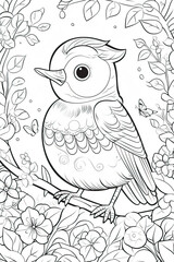 Hand drawn sketch of bird in blooming tree branch with pattern and small detail. Coloring page for kids and adult.