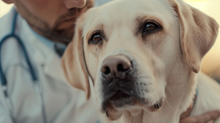 unrecognizable male veterinarian close up examining white labrador dog at vet clinic
