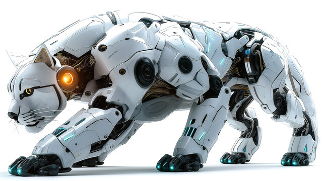 A robotic white bobcat with futuristic design and sleek body shape, depicting a modern technology in replacing an outdoor wildlife animal for human protection - Powered by Adobe