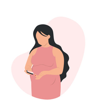 Pregnant woman checking blood sugar level with blood glucose meter.