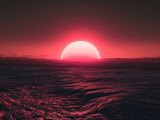 A dreamlike abstract landscape with a crimson sun sinking below a black horizon line, casting long shadows across a barren plain  