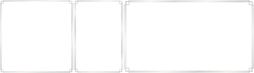 Set of subtle dual outline silver frames with geometric stepped right-angled corners, 1x1, 2x3, 16x9 scale ratios for card, banner, video, presentation, invitation