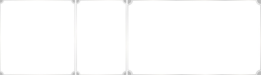 Set of subtle silver frames with inwardly rounded, concave corners, filled with quarter-circles, 1x1, 2x3, 16x9 scale ratios for card, banner, video, presentation, invitation