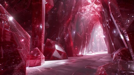 A dreamlike image of a crimson crystal cavern, with sparkling geometric formations jutting out from the walls  