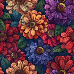 A colorful floral pattern with a red flower in the middle
