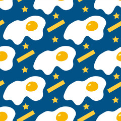Seamless pattern with fried egg and yellow stars on dark blue background. Vector image.