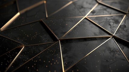 A geometric presentation background with overlapping white triangles outlined in gold, creating a dynamic and dimensional effect on the black canvas  