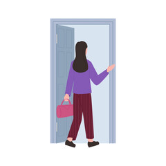 Young woman with bag walking out gray door to leave room, rear view vector illustration