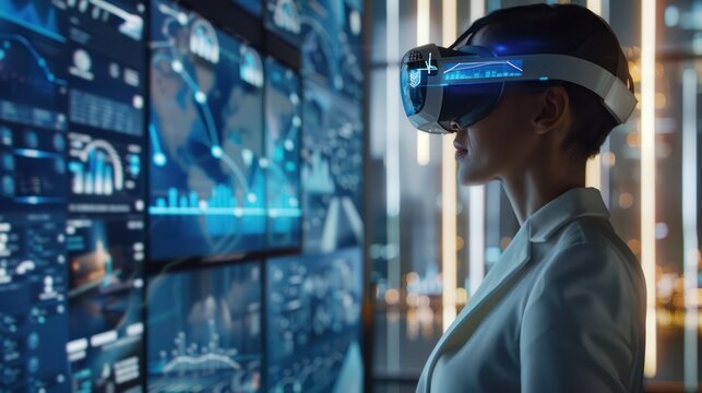 Business woman wearing VR headset device,,future technology concept