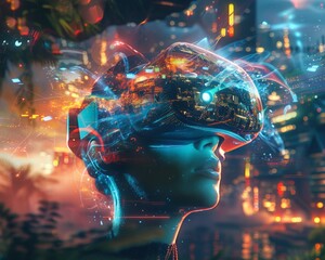 A hyper realistic depiction of a virtual reality headset with a person experiencing a fantastical world, showcasing immersive entertainment 
