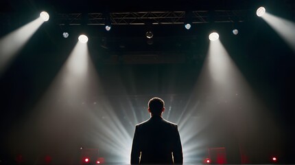 Performing arts events promotion, theatrical performances advertising, stage lighting equipment demonstration,Man Standing in Stage Lights: Back View