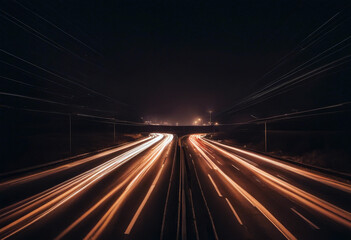 Obraz premium road driving long night shot exposure reflector line motion headlamp blur blurred asphalt car lane light yellow dark mexico highway pursuit chase vehicle background empty nobody outdoors