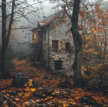 mill sorounded with trees in nature old house, secret forest, foggy autumn
