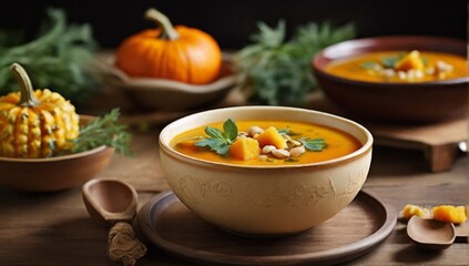 Organic vegetarian soup with pumpkin and pineapple
