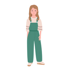 Teen girl in green modern overalls standing and smiling vector illustration