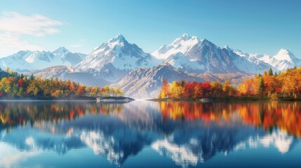 A majestic mountain range reflected in a still alpine lake, with a vibrant autumn forest ablaze with color on the shoreline under a clear blue sky 
