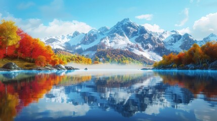 A majestic mountain range reflected in a still alpine lake, with a vibrant autumn forest ablaze with color on the shoreline under a clear blue sky 