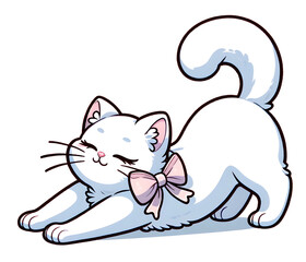 Elegance in Stretch: Serene White Cat with Pink Bow Enjoying a Full-Body Stretch
