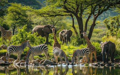 Fototapeta premium A group of zebras and giraffes drinking at the watering hole in an African wildlife scene, with elephants standing nearby