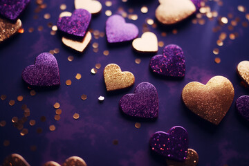 Obraz premium Little plastic hearts and confetti of purple and gold colors scattered on a dark background. Fun, heart-shaped decor elements at a Valentines day party. AI-generated