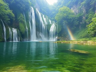 A beautiful waterfall surrounded by trees and a rainbow. The water is clear and calm, creating a serene and peaceful atmosphere