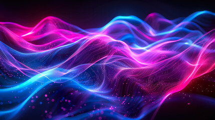 Abstract neon waves, flowing lines in neon pink and electric blue on a dark background. 