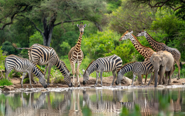 Obraz premium A group of zebras and giraffes drinking at the watering hole in an African wildlife scene, with elephants standing nearby