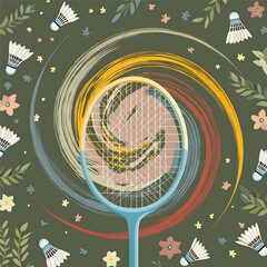 Vibrant Badminton Motion Illustration with Floral Elements
