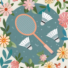 Badminton Racket and Shuttlecocks Amidst Floral Pattern
