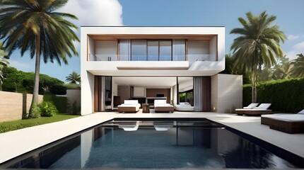 Fototapeta premium Luxury vacation rentals, real estate listings, travel brochures,Modern Villa with Pool: Simple Elegance and Comfort