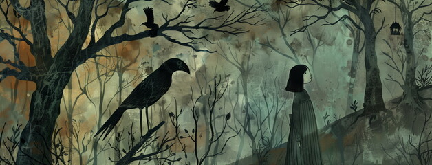 Folklore, myths, and storytelling. Raven black bird or crow. 