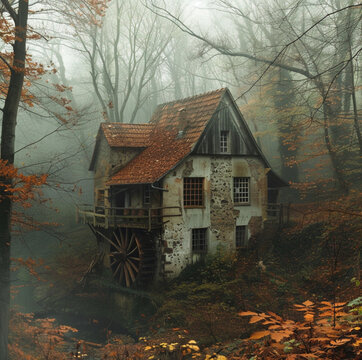 mill sorounded with trees in nature old house, secret forest, foggy autumn