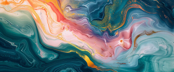 Dynamic swirls of marble ink adorn a blank canvas, their radiant glitters igniting the imagination and fueling a spirit of exploration amidst an abstract landscape.