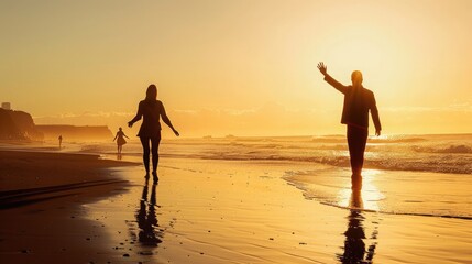 Fototapeta premium Romantic potential in a sunset beach scene, with a man waving to a walking woman's silhouette. Guy waving to a woman