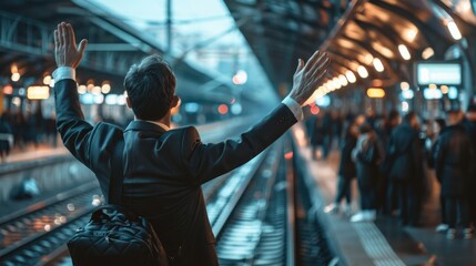 Gentleman in suit waves eagerly to woman across crowded train platform, eyes full of anticipation. Guy waving to a woman