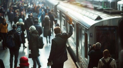 Anticipation shines as suited man waves to woman on bustling train platform. Guy waving to a woman