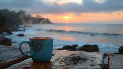 cup of coffee on table in front of sea 
