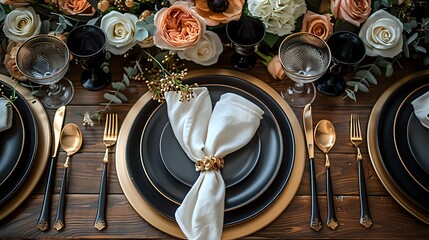 Trendy Black and Gold Table Arrangement for Wedding Reception